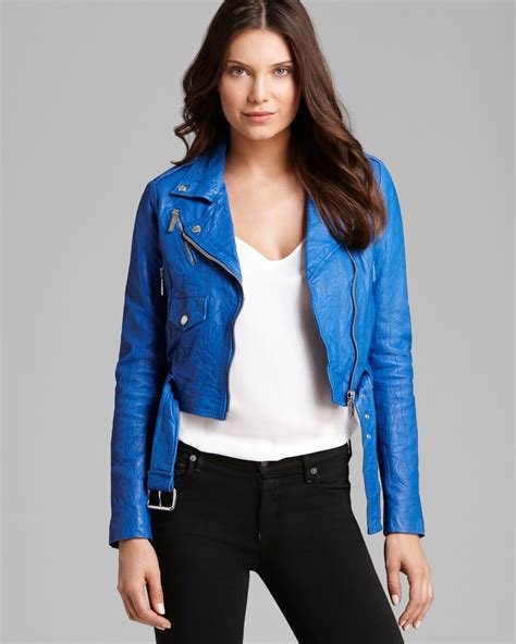 blue leather jacket michael kors|Michael Kors leather motorcycle jacket.